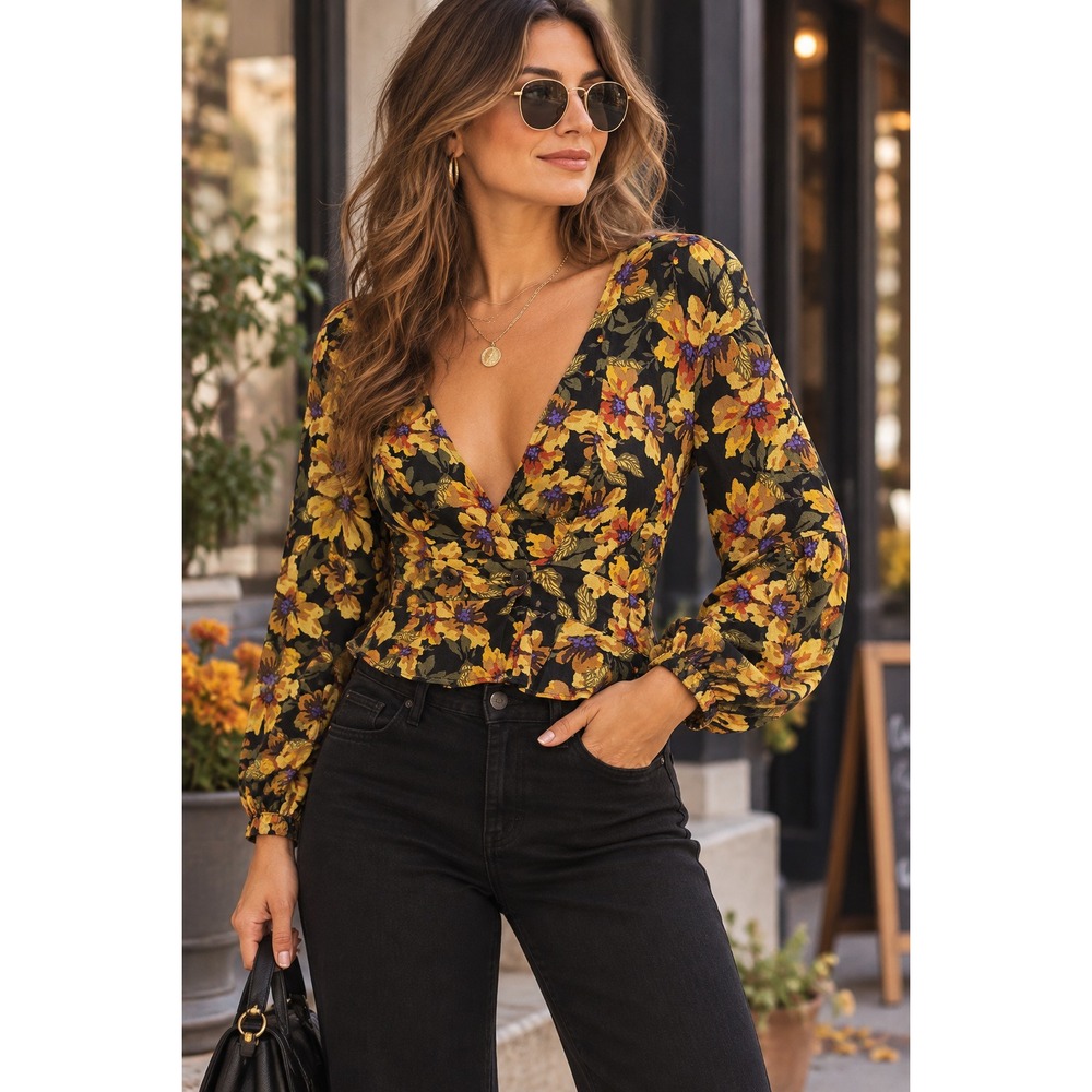 Free People Floral Surplice V-Neck LS Crop Top Puff Sleeve Black Yellow Size 4